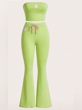 High-Waist Flared Knit Pant Set - Lime Green